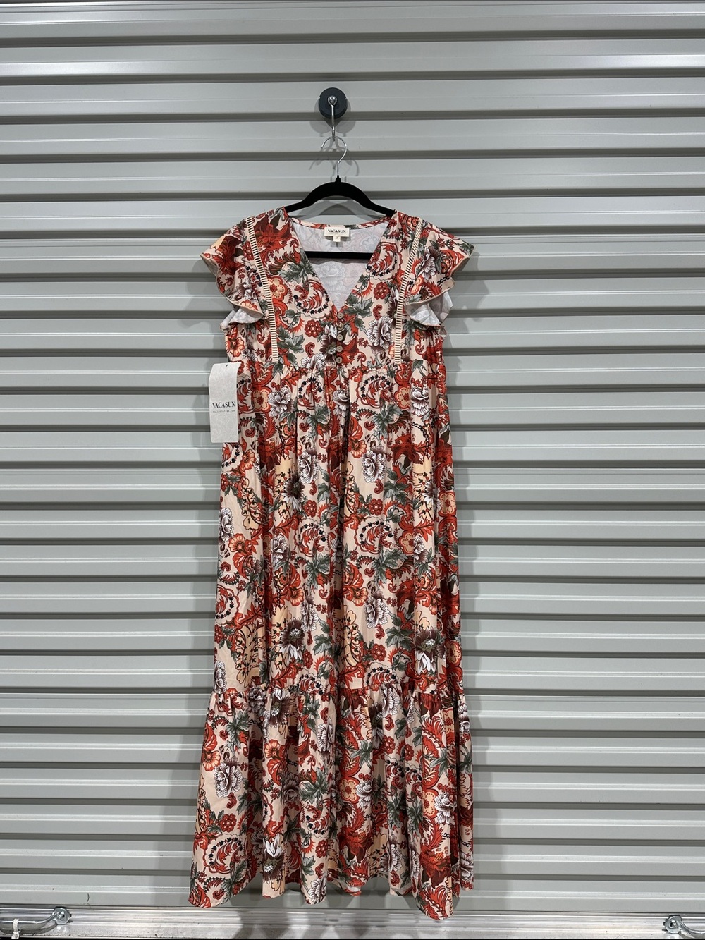 Red Floral Tiered Maxi Dress with Ruffle Sleeves